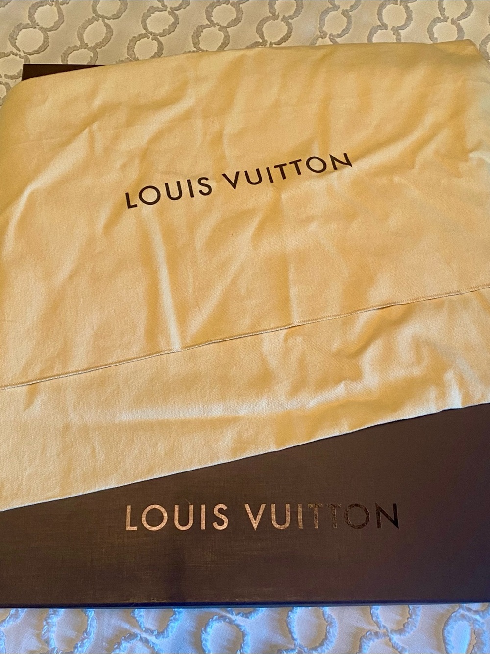 Louis Vuitton Box, dust bag, and leather ribbon